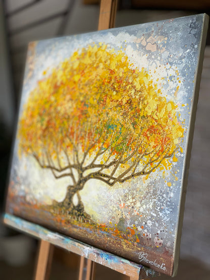 Yellow Tree Painting on Canvas Abstract Tree Wall Art Colorful Tree of Life Abstract Original Tree Painting Large Oak Tree Art