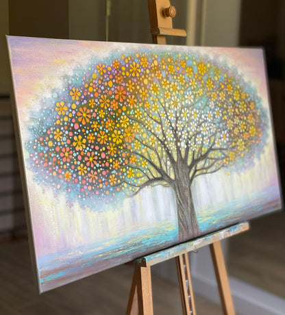 Colorful Tree Paintings on Canvas Vibrant Abstract Wall Art Large Tree Painting Horizontal Family Tree Wall Art Tree of Life Paintings