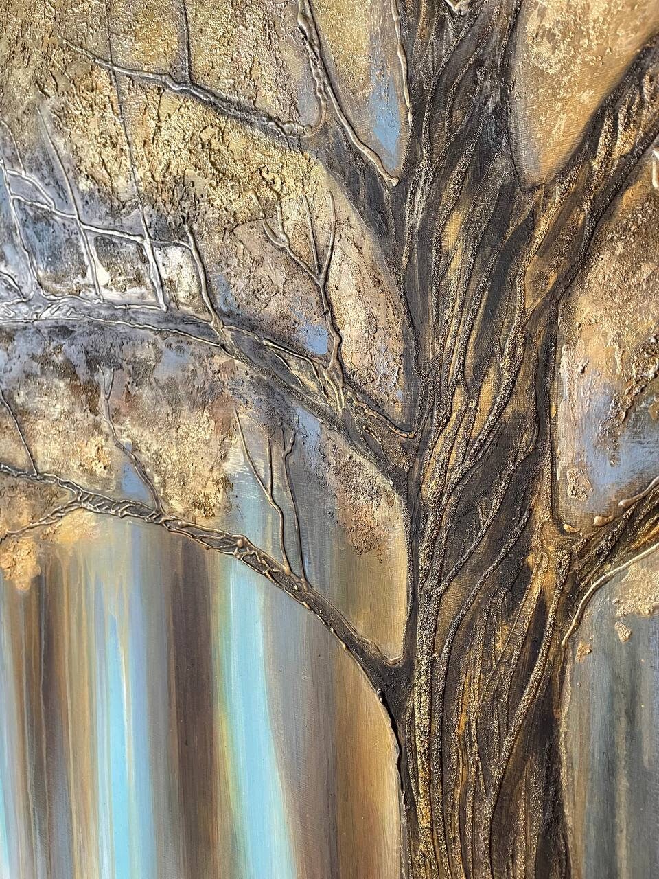 Golden Tree of Life Painting Original Tree Artwork Gold Tree Painting on Canvas Gold Blue Wall Art Abstract Tree Painting Large Artwork