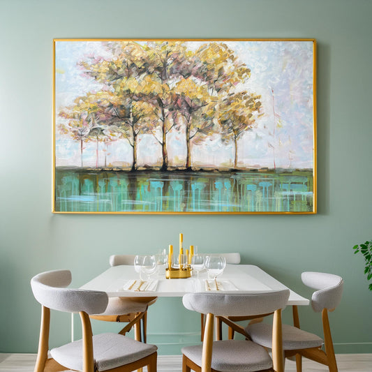 Gold Tree of Life Painting on Canvas Autumn Tree Painting Nature Abstract Tree Wall Art Yellow and Green Abstract Art Family Tree Painting