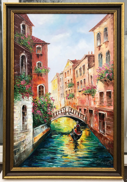 Large Venice Painting on Canvas Italy Cityscape Art Real Gondola Painting Sunset in Venice Italy Wall Art Travel to Venice Oil Painting