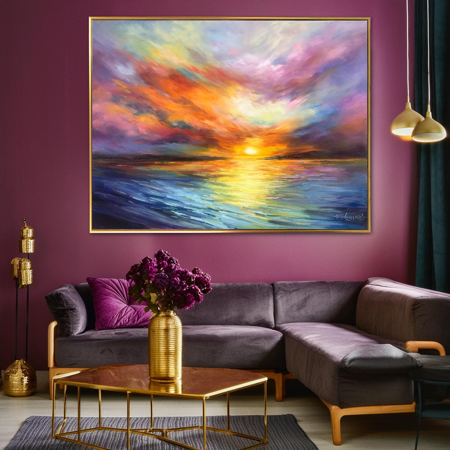Colorful Seascape Oil Paintings on Canvas Extra Large California Orange Abstract Sunset Canvas Wall Art for Sale