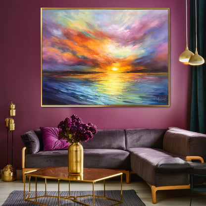 Colorful Seascape Oil Paintings on Canvas Extra Large California Orange Abstract Sunset Canvas Wall Art for Sale