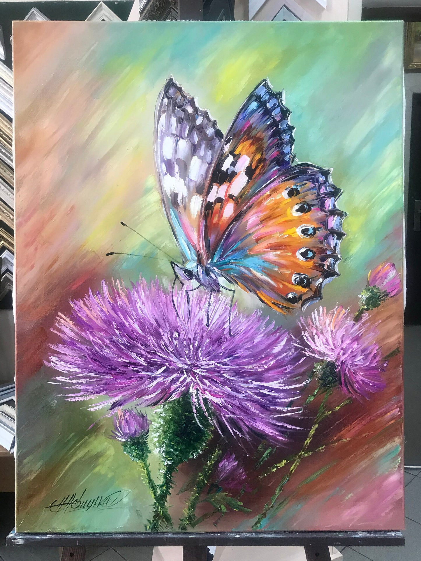 Abstract Butterfly Oil Painting Original Butterfly Wall Art Canvas Scottish Thistle Painting Butterfly Sitting Flower Painting Thistle Art