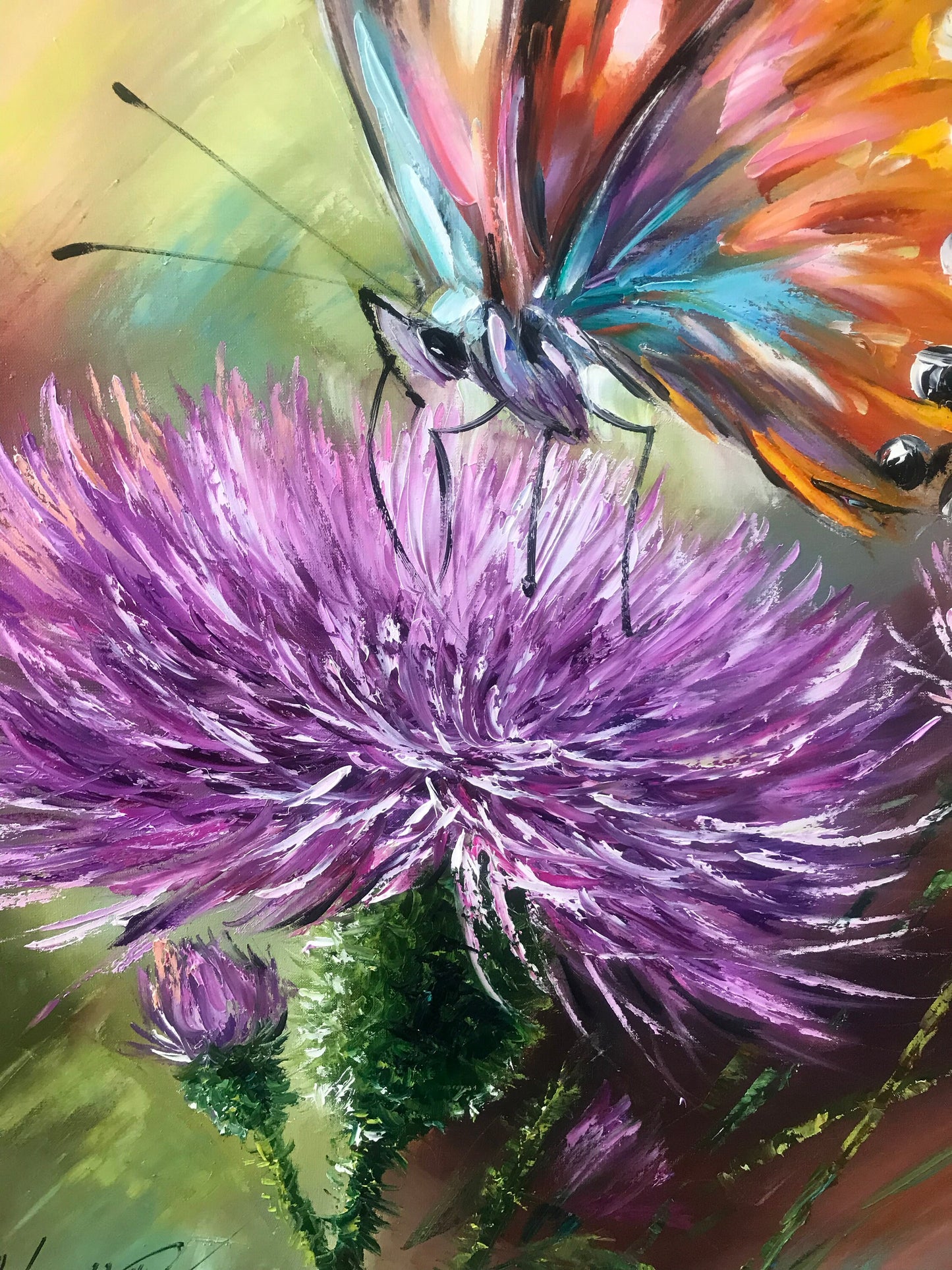 Abstract Butterfly Oil Painting Original Butterfly Wall Art Canvas Scottish Thistle Painting Butterfly Sitting Flower Painting Thistle Art