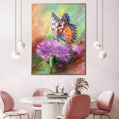 Abstract Butterfly Oil Painting Original Butterfly Wall Art Canvas Scottish Thistle Painting Butterfly Sitting Flower Painting Thistle Art