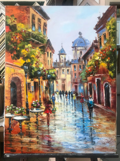 European Street Scene Paintings on Canvas European City Art Old Town Painting Original Street Scenery Painting French Street Art