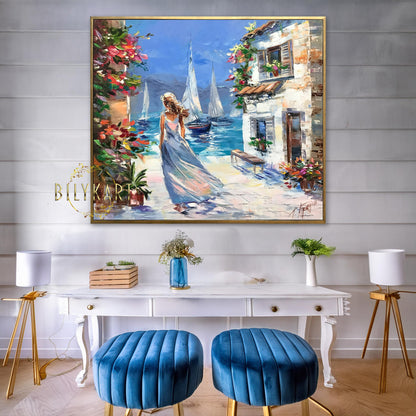 Girl at Beach Painting Original Vacation Wall Art Greece Painting on Canvas Woman Looking at Sea Painting Greece Artwork Santorini Painting