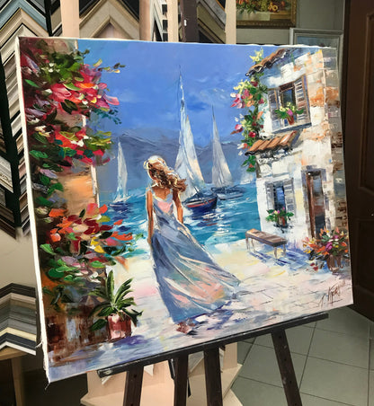 Mediterranean Coastal Village Oil Painting, Woman in Blue Dress Walking by the Sea, Sailboats & Flowers Wall Art, Original Textured Canvas