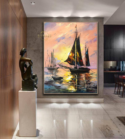 Large Boat Painting Original Sail Boat Wall Art Painting Sailboat in the Ocean Artwork Ocean Sunset Oil Painting on Canvas Ship at Sea Art