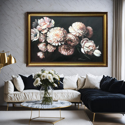 White Peonies Oil Painting Original Peonies Wall Art Black and White Flower Wall Decor Large Peony Painting on Canvas