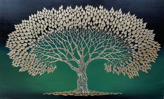 Oak Tree Art on Canvas Golden Tree Painting Green Paintings Acrylic Brush Strokes Modern Artwork Tree of Life Wall Art Oak Tree Art
