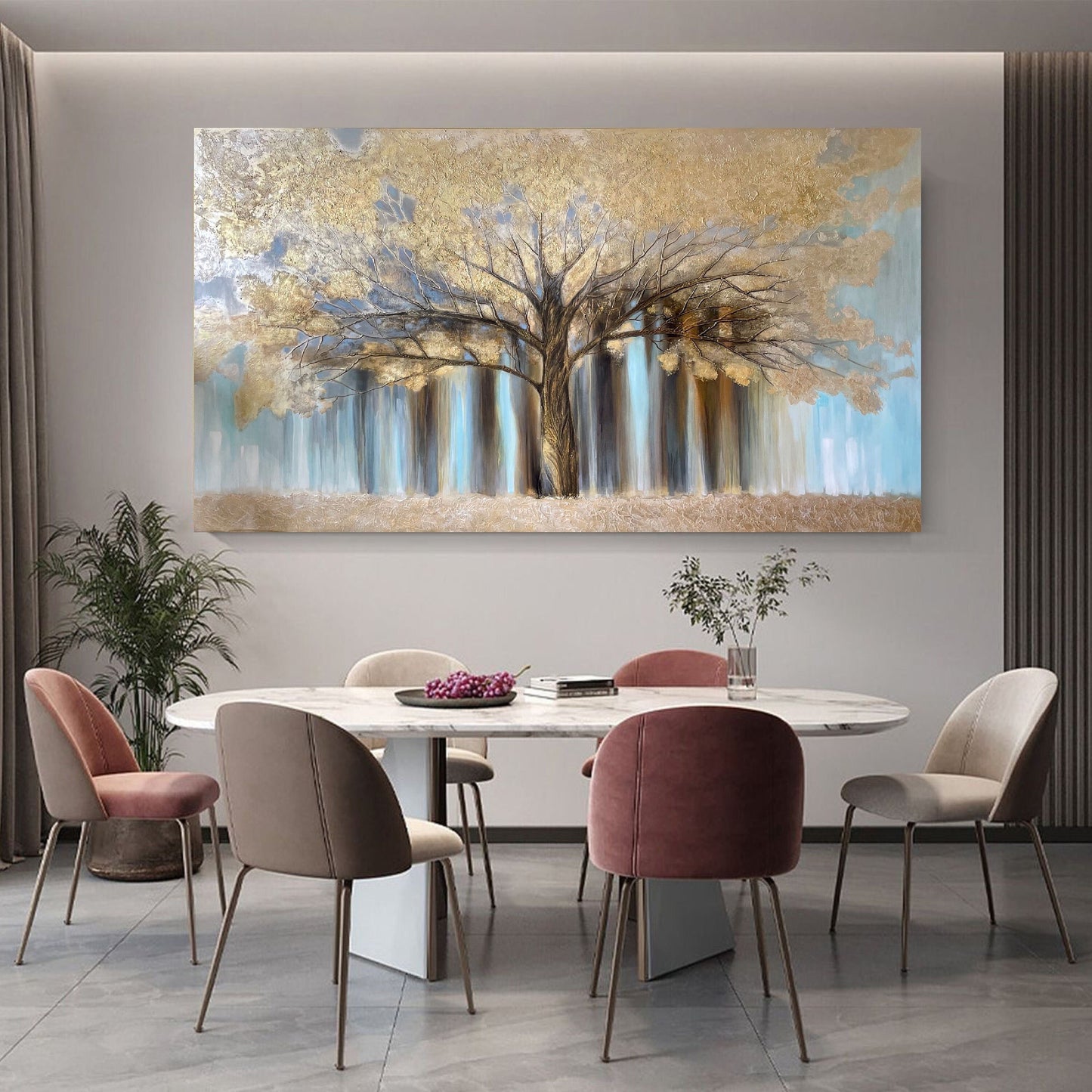 Golden Tree of Life Painting Original Tree Artwork Gold Tree Painting on Canvas Gold Blue Wall Art Abstract Tree Painting Large Artwork