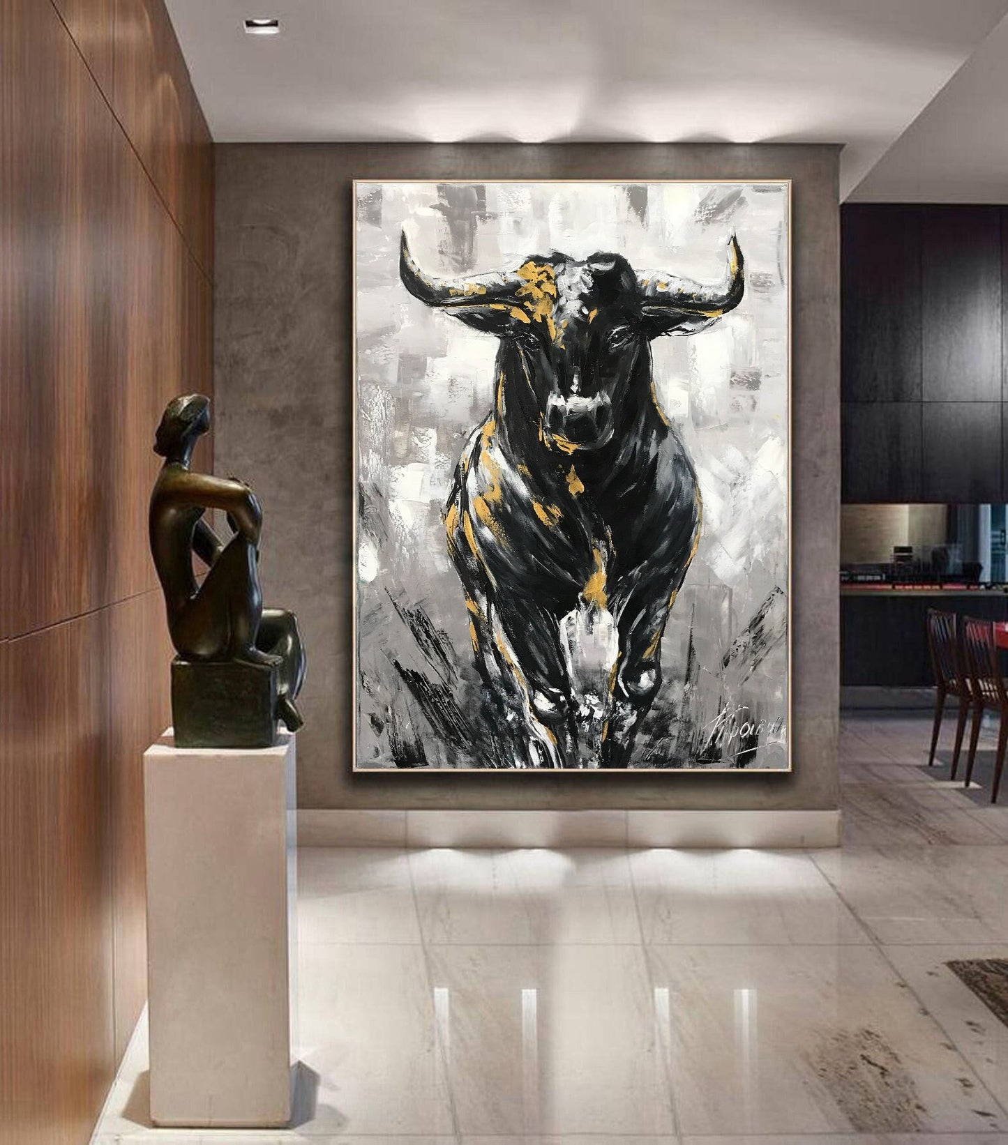 Charging Bull Painting Art Stock Exchange Black and White Oversized Black Wallstreet Bull Artwork