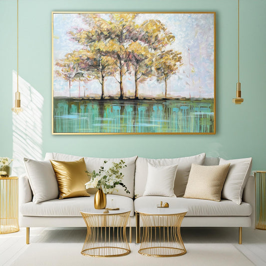 Gold Tree of Life Painting on Canvas Autumn Tree Painting Nature Abstract Tree Wall Art Yellow and Green Abstract Art Family Tree Painting