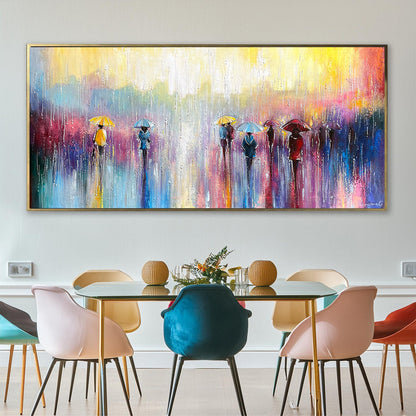 Rainy Day Painting Original Abstract Colorful Painting Canvas Blue Yellow Wall Art Umbrella Painting Vibrant Abstract Horizontal Art