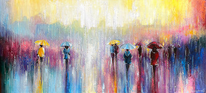 Rainy Day Painting Original Abstract Colorful Painting Canvas Blue Yellow Wall Art Umbrella Painting Vibrant Abstract Horizontal Art