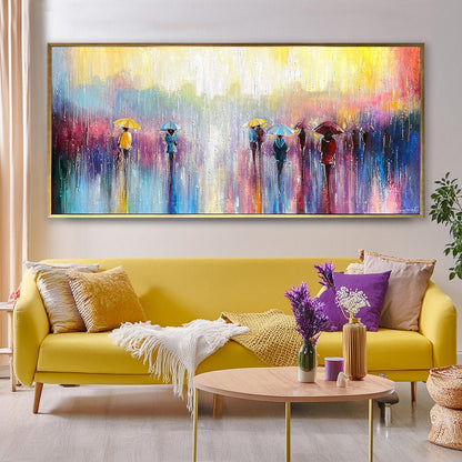 Rainy Day Painting Original Abstract Colorful Painting Canvas Blue Yellow Wall Art Umbrella Painting Vibrant Abstract Horizontal Art