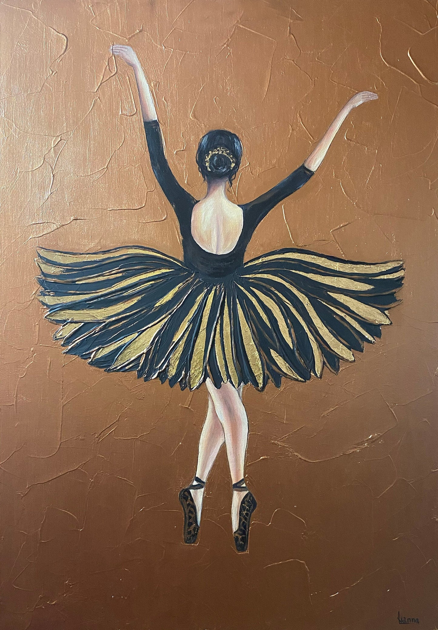 Ballerina in Black Dress Painting on Canvas Ballet Painting Ballerina Wall Art Beautiful Girl in Gold Dress Oil Painting Dance Coach Gift