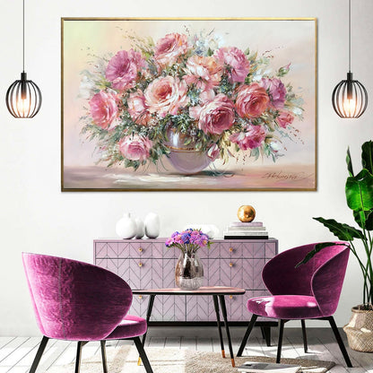 Pink Rose Bouquet Painting on Canvas Classical Still Life Oil Painting Original Handmade Artwork Pink Flowers in Vase Painting for Sale