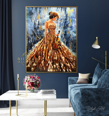 Abstract Women Painting Original Girl Playing an Instrument Art Violin Gift Large Blue Abstract Painting Violin Artwork Music Painting