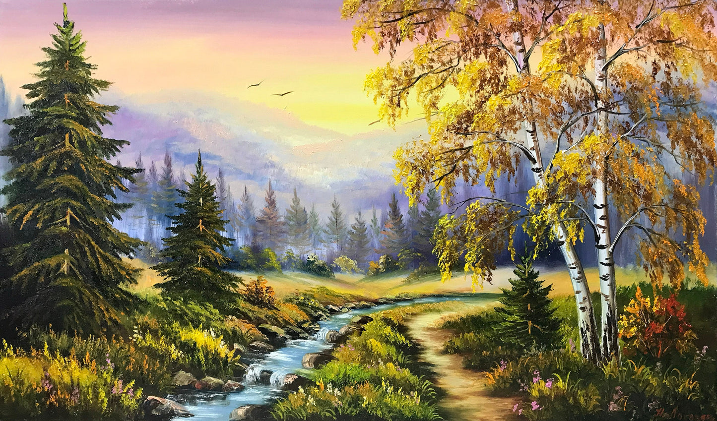 Landscape Amp Scenery Painting Original Sunset Country Landscape Oil Painting Blue Ridge Mountains Wall Art Nature Creek Painting on Canvas