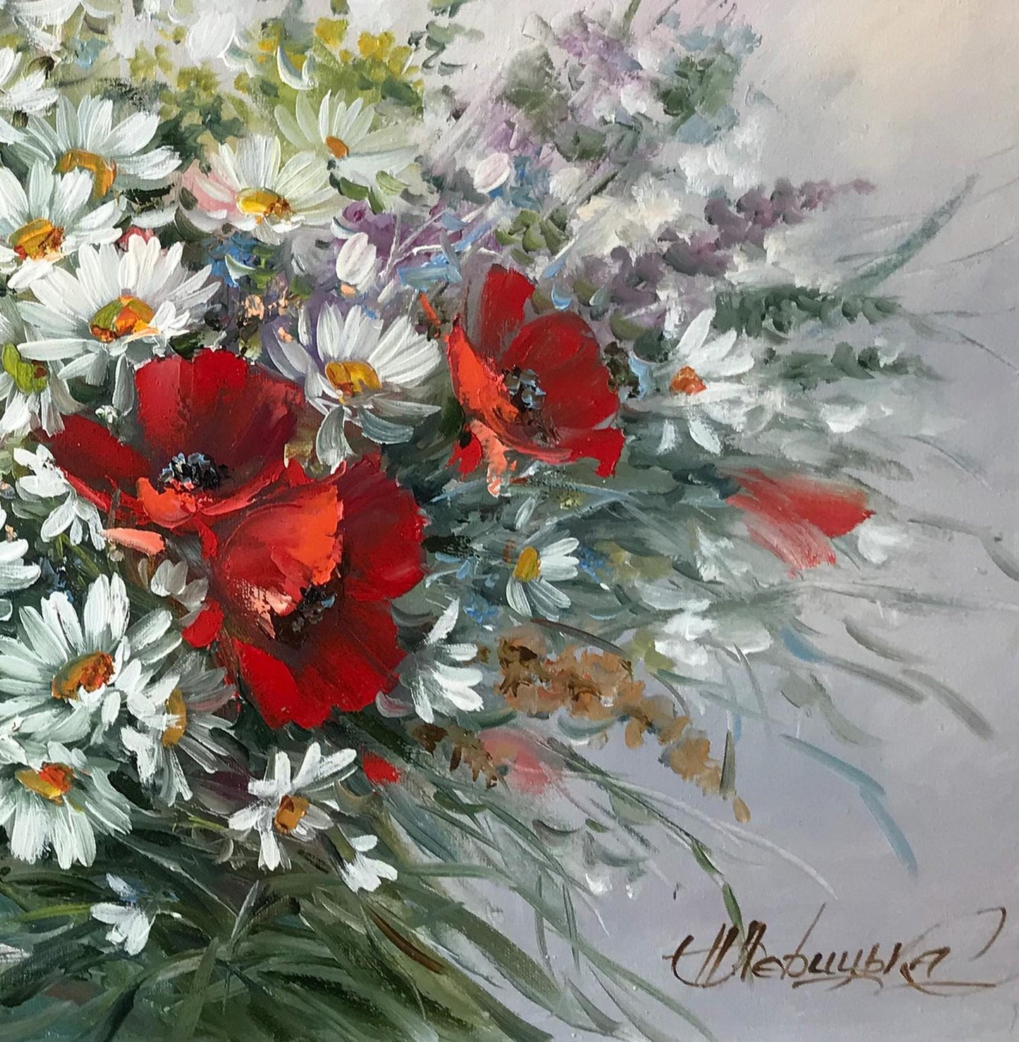 Wildflower Bouquet Painting Original Daisy Painting Poppy Artwork Wildflowers 30x40 Oil Painting Handmade Multimedia Wildflower Wall Art