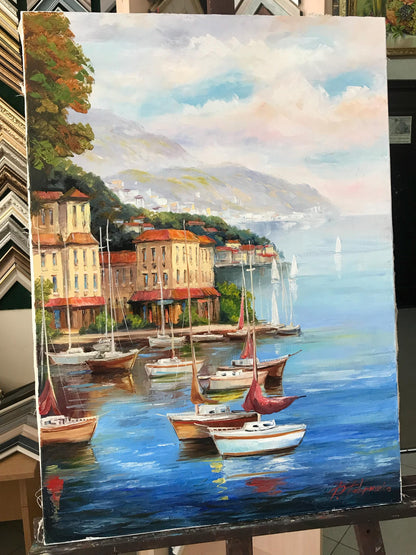 Portofino Oil Painting Original | Italian Riviera Art | Custom Large Handmade Italy Coast Painting on Canvas, Fishing Boats Along Portofino Coast Artwork