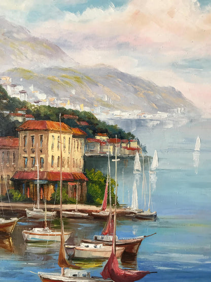 Portofino Oil Painting Original | Italian Riviera Art | Custom Large Handmade Italy Coast Painting on Canvas, Fishing Boats Along Portofino Coast Artwork