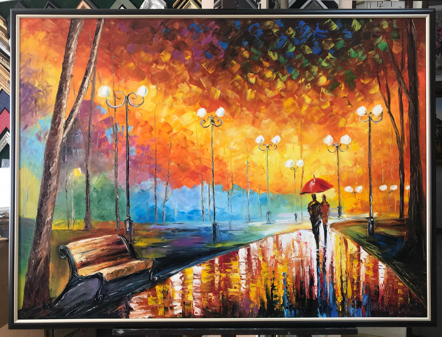 Couple in Park Oil Painting Original Autumn Landscape Painting Fall Wall Art Couple Under Red Umbrella Artwork Beautiful Rainy Day Scene Painting