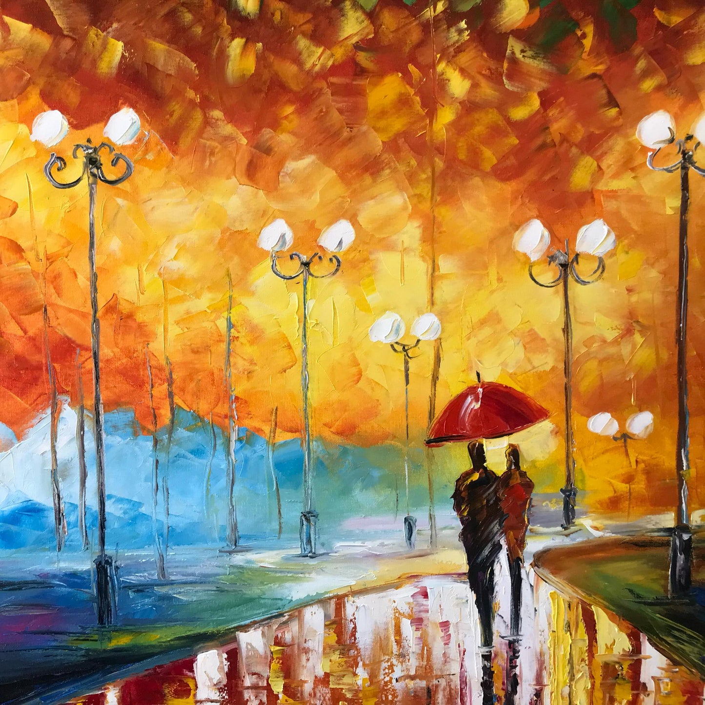 Couple in Park Oil Painting Original Autumn Landscape Painting Fall Wall Art Couple Under Red Umbrella Artwork Beautiful Rainy Day Scene Painting