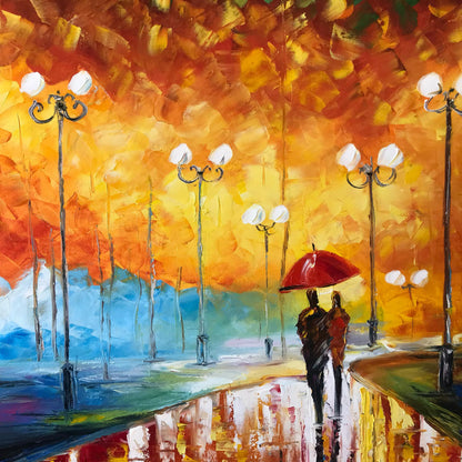 Couple in Park Oil Painting Original Autumn Landscape Painting Fall Wall Art Couple Under Red Umbrella Artwork Beautiful Rainy Day Scene Painting