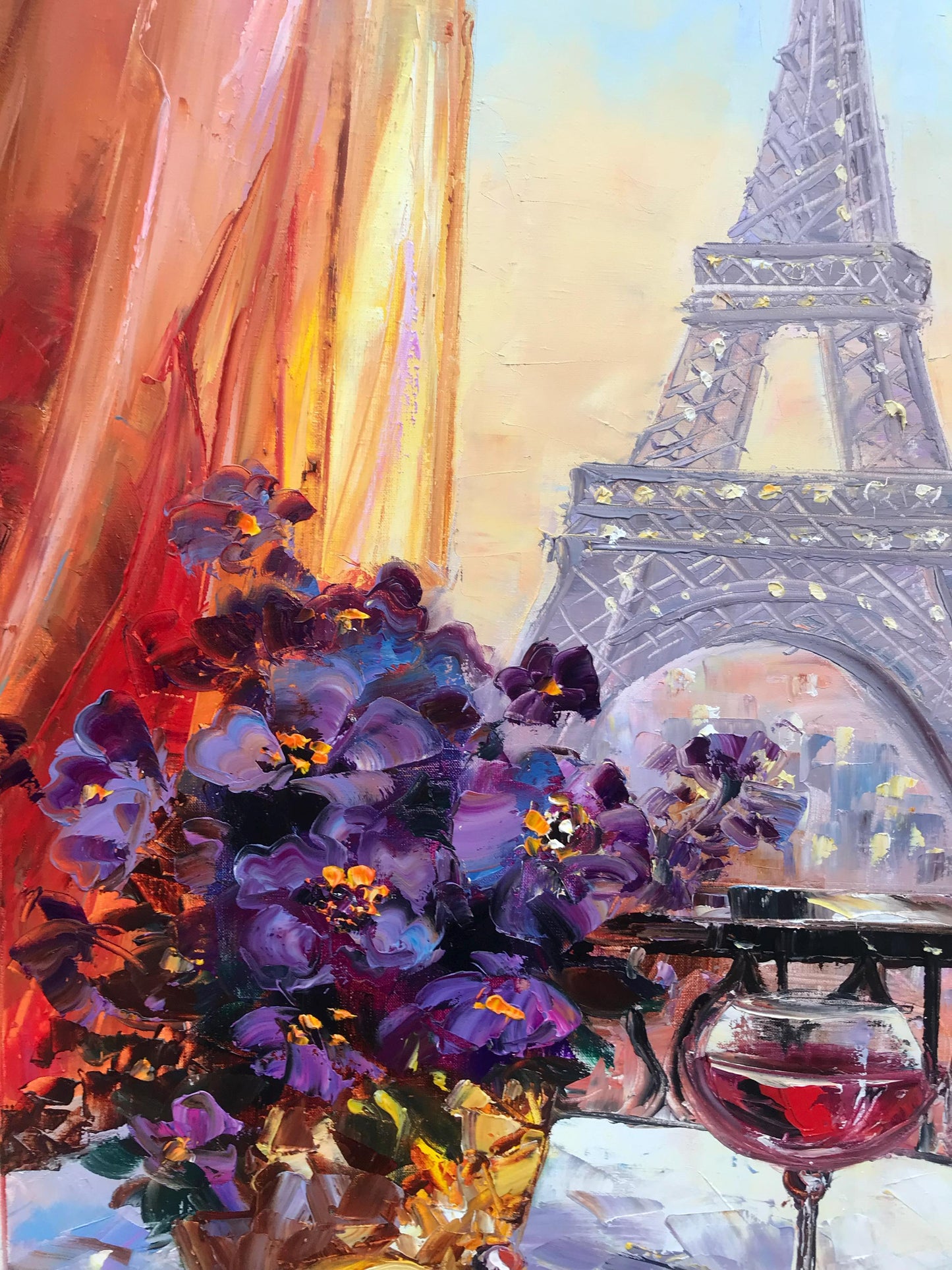 Paris Night Cafe Oil Painting Original Romantic Art Work, Diner Painting, Large Eiffel Tower Wall Art, Cafe Terrace