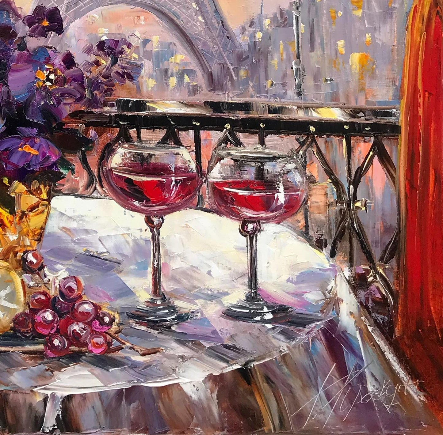 Paris Night Cafe Oil Painting Original Romantic Art Work, Diner Painting, Large Eiffel Tower Wall Art, Cafe Terrace