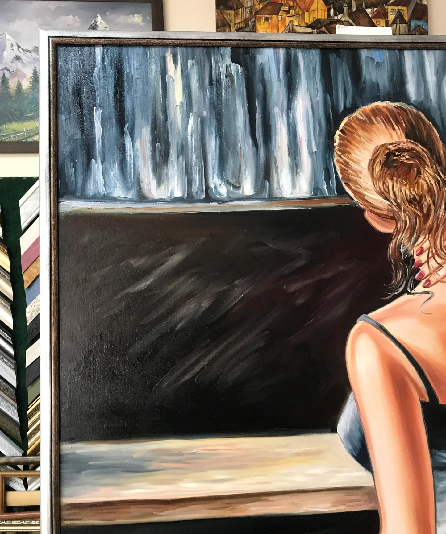 Sexy Woman at the Bar Original Oil Painting | Lady in Blue Dress Canvas Art | Bar and Cocktail Wall Art | Sensual Woman Painting