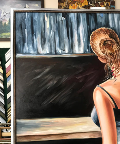 Sexy Woman at the Bar Original Oil Painting | Lady in Blue Dress Canvas Art | Bar and Cocktail Wall Art | Sensual Woman Painting