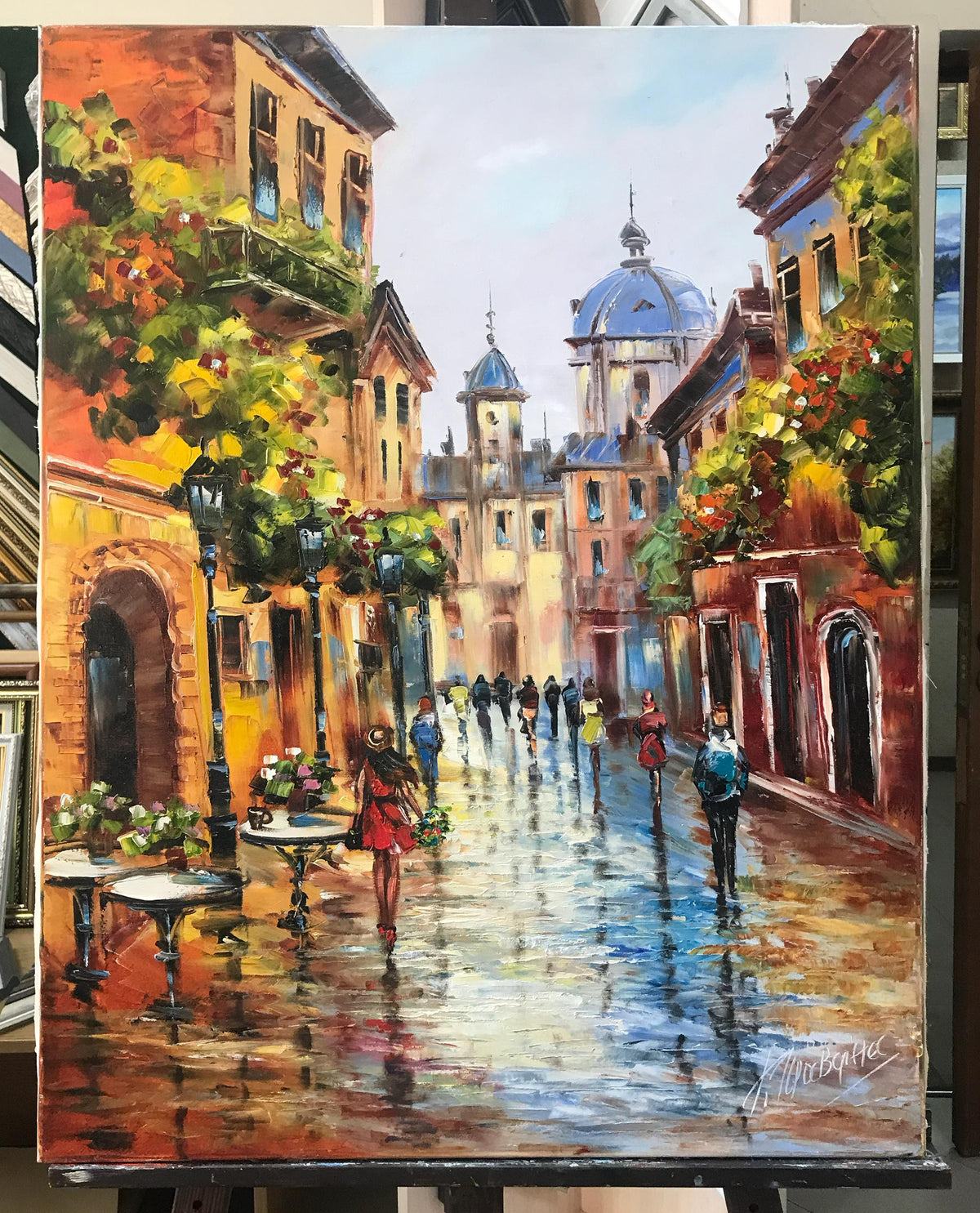 Parisian Street Oil Painting on Canvas | French Cafe Wall Art | Modern European Hand Painted Artwork