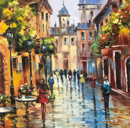 Parisian Street Oil Painting on Canvas | French Cafe Wall Art | Modern European Hand Painted Artwork