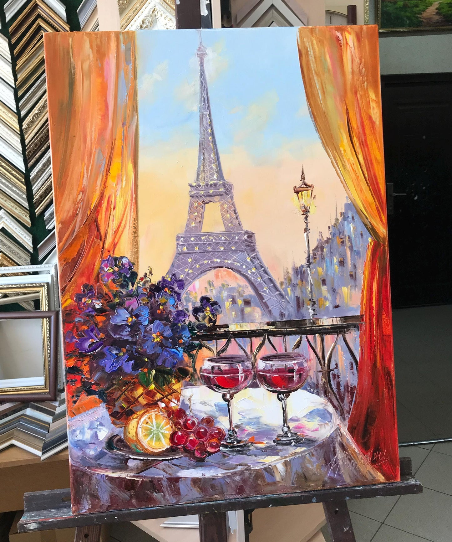 Paris Night Cafe Oil Painting Original Romantic Art Work, Diner Painting, Large Eiffel Tower Wall Art, Cafe Terrace