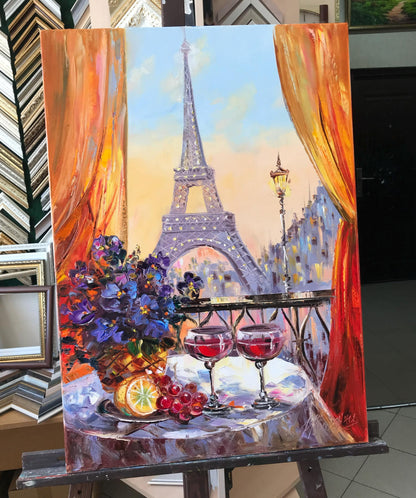 Paris Night Cafe Oil Painting Original Romantic Art Work, Diner Painting, Large Eiffel Tower Wall Art, Cafe Terrace