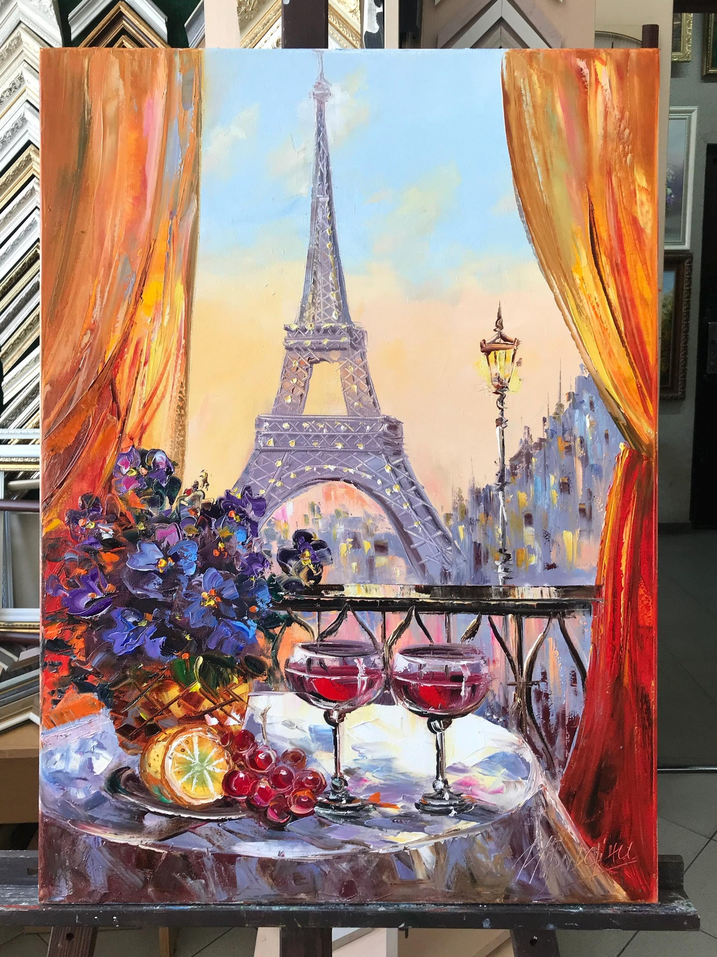 Paris Night Cafe Oil Painting Original Romantic Art Work, Diner Painting, Large Eiffel Tower Wall Art, Cafe Terrace