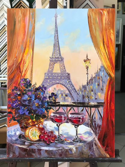Paris Night Cafe Oil Painting Original Romantic Art Work, Diner Painting, Large Eiffel Tower Wall Art, Cafe Terrace