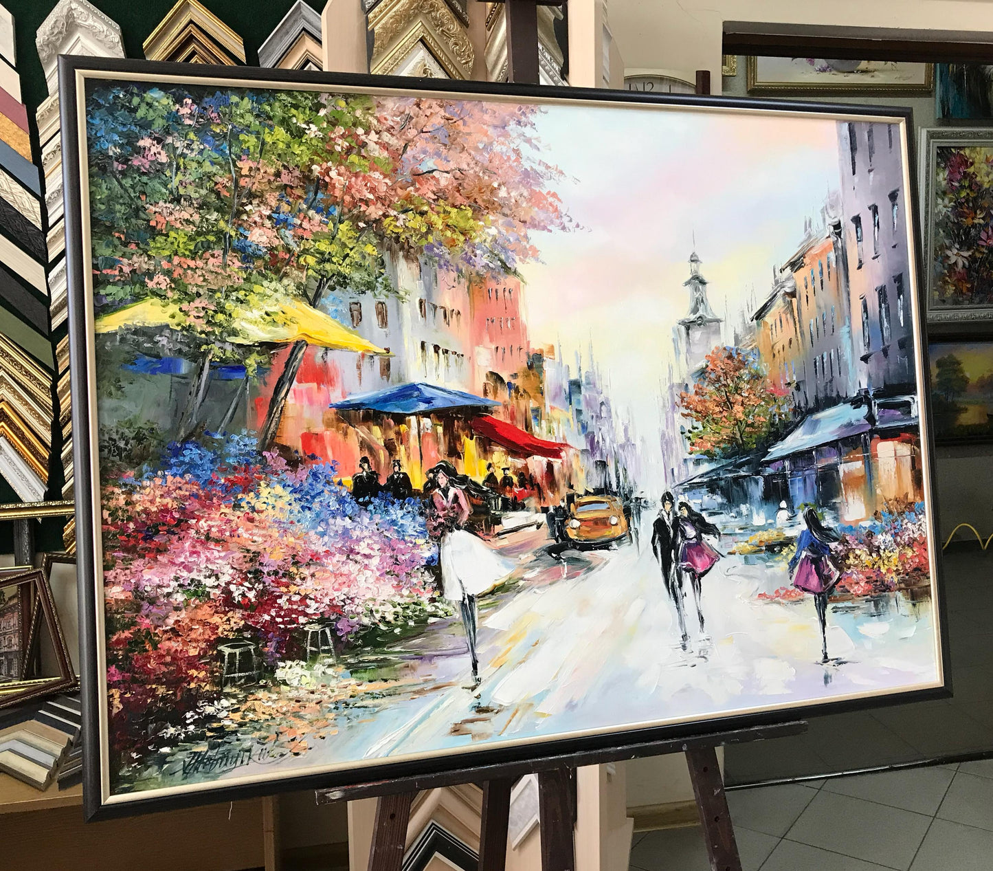 Romantic Oil Painting Original Paris Flower Market Art Couple Walking Together Painting on Canvas French Cafe Artwork