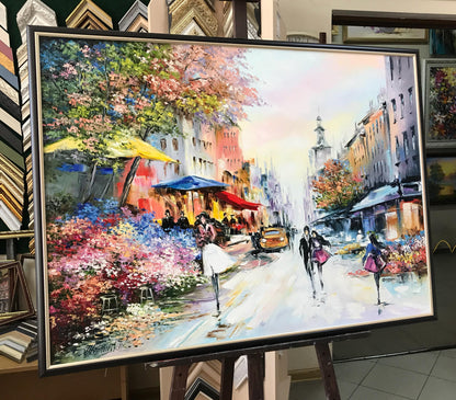Romantic Oil Painting Original Paris Flower Market Art Couple Walking Together Painting on Canvas French Cafe Artwork