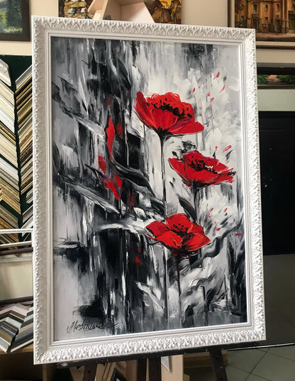 Large Red Poppy Flower Wall Painting, Abstract Red Flowers Canvas Art, Oversize Textured Floral Wall Art, Gustav Klimt Poppies Artwork