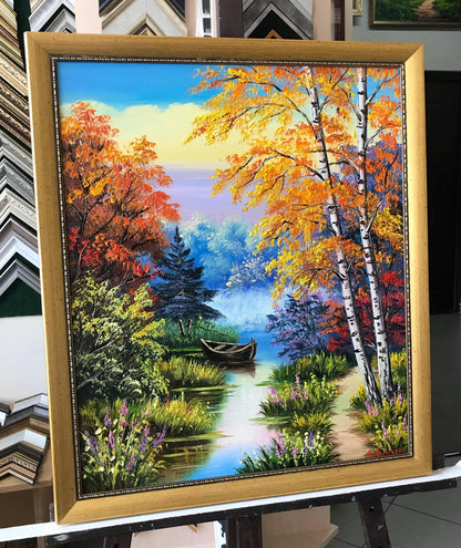 Fall Countryside Oil Painting, Beautiful Scenery Forest Lake Art, Bob Ross Painting Trees on Canvas, Large Autumn Framed Wall Art