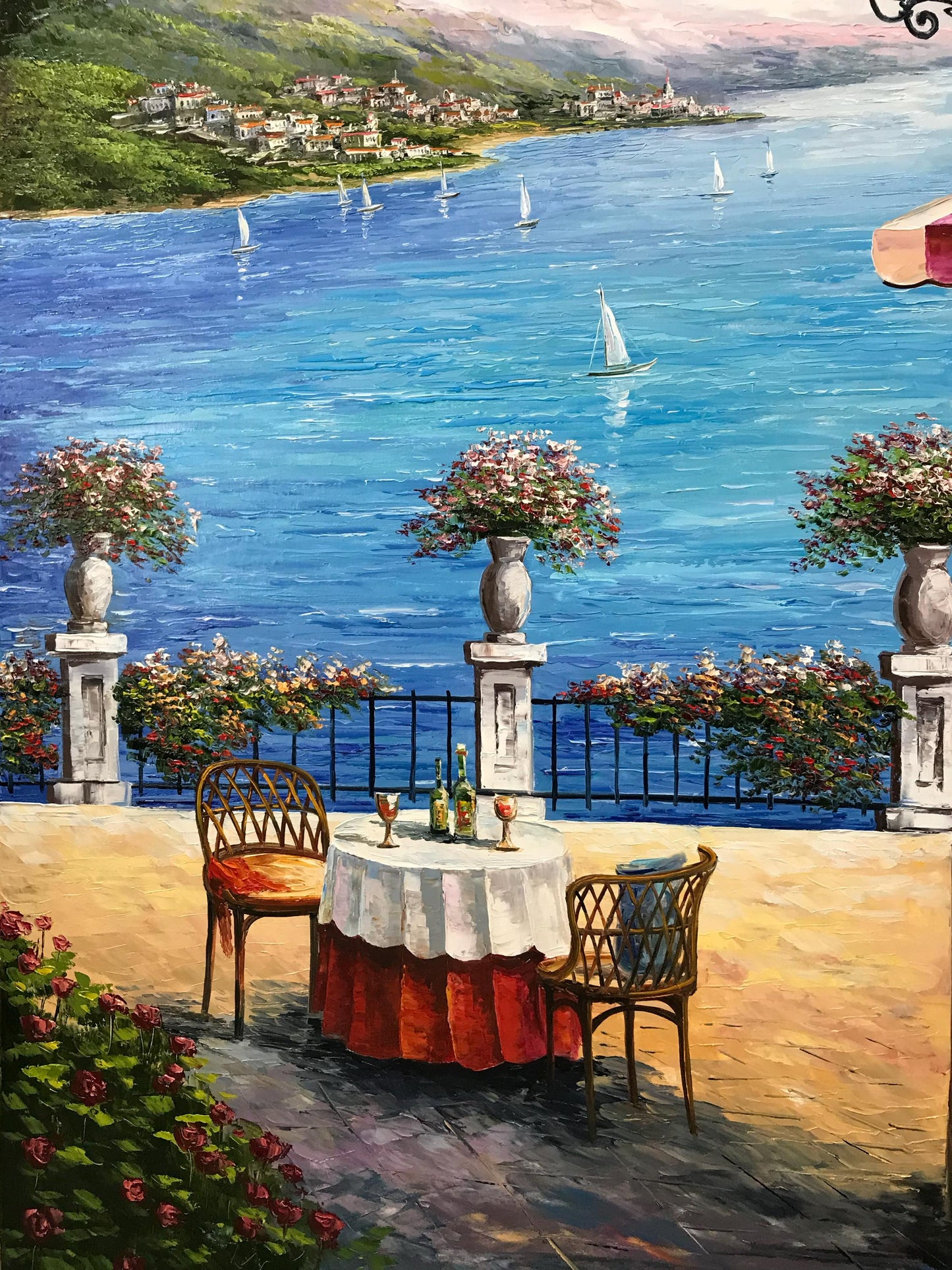 Italy Cafe Painting Original, Amalfi Coast Wall Art, Mediterranean Scenery Oil painting, Sorrento Italy Artwork