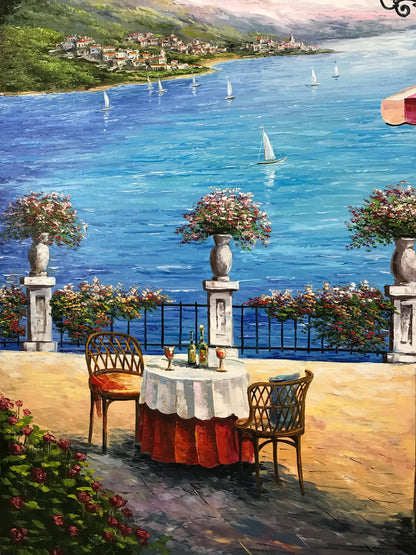 Italy Cafe Painting Original, Amalfi Coast Wall Art, Mediterranean Scenery Oil painting, Sorrento Italy Artwork