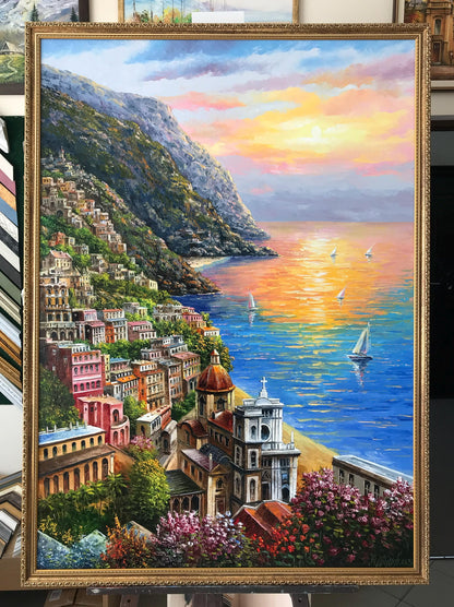 Positano Amalfi Coast Oil Painting Original, Famous Painting Italy Wall Art, Most Beautiful Coastal Italian Towns Painting