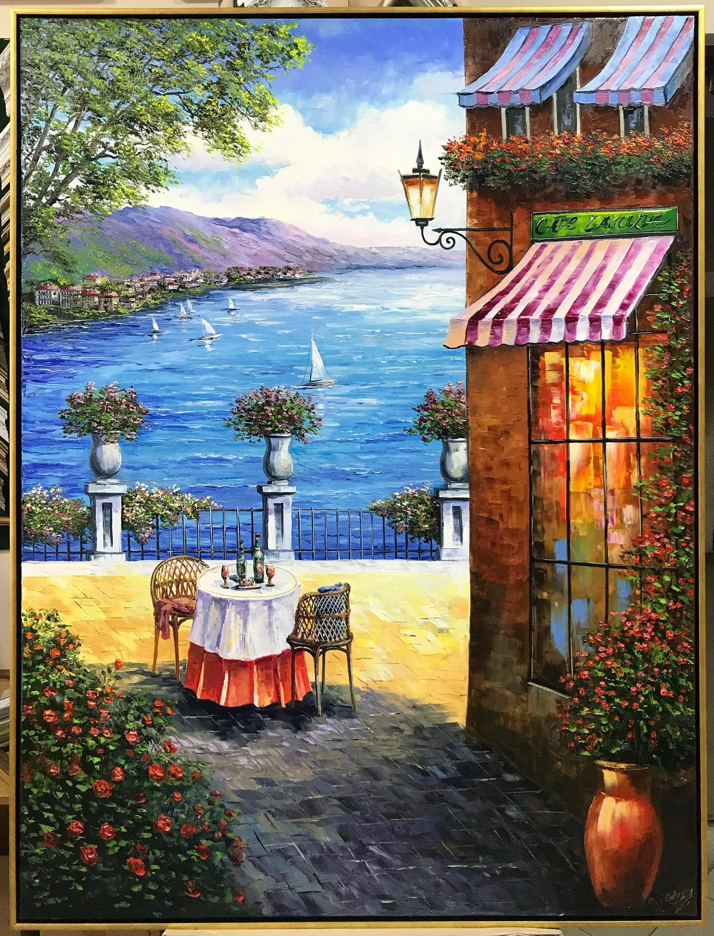 Italy Cafe Painting Original, Amalfi Coast Wall Art, Mediterranean Scenery Oil painting, Sorrento Italy Artwork